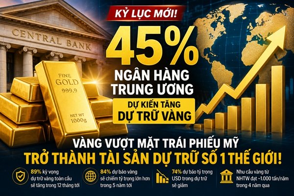45% ngân hàng trung ương chuẩn bị gom vàng: Xu hướng chưa từng có đang hình thành