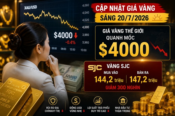 Cập nhật giá vàng sáng 20/7: Thế giới trên mốc $4000 – SJC giảm không đáng kể