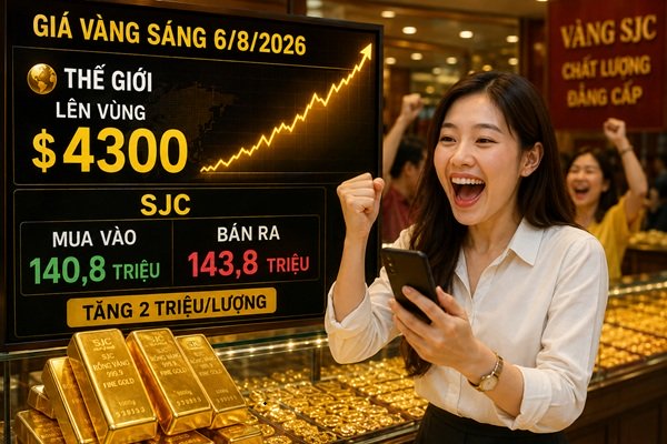 Cập nhật giá vàng sáng 6/8: Thế giới vọt lên $4300 – SJC suýt chạm mốc 144 triệu