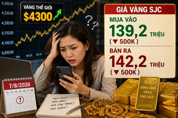 Giá vàng ngày 7/8: Thế giới tăng lại gần mốc $4300 – SJC ‘chôn chân’ ở mức 142 triệu