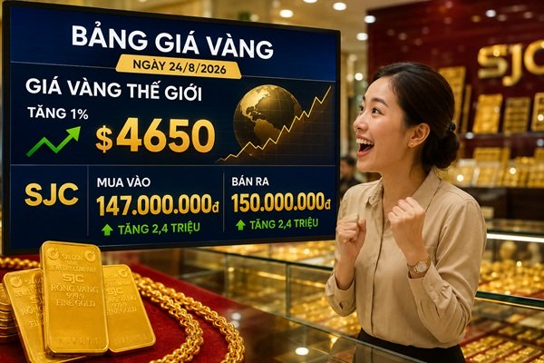Cập nhật giá vàng sáng 24/8: Thế giới tăng 1% lên $4650 – vàng SJC nhanh chân cán mốc 149 triệu