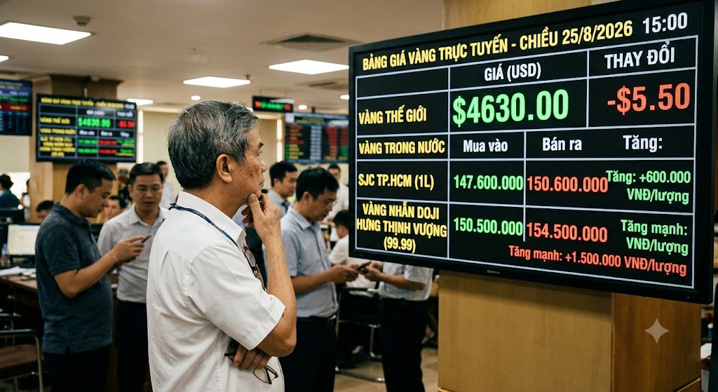 Giá vàng ngày 25/8: Nhẫn tiếp tục tăng sốc – chênh với vàng miếng tới 4 triệu đồng