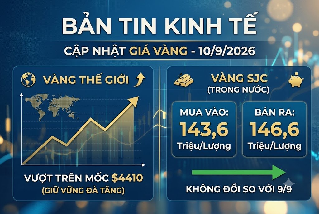 Cập nhật giá vàng sáng 10/9: SJC đứng giá tại 146,6 triệu – vàng thế giới giằng co trên vùng $4400