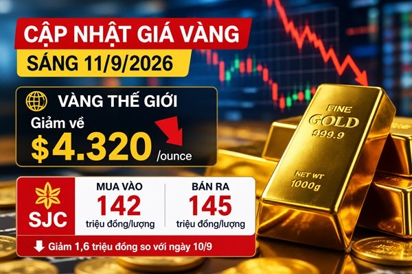 Cập nhật giá vàng sáng 11/9: SJC chỉ còn 145 triệu khi thế giới về sát mốc $4300