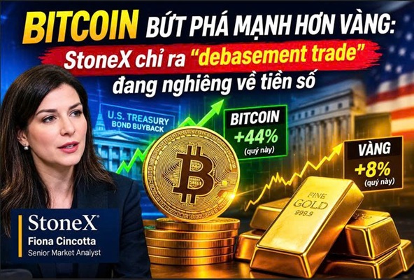 Bitcoin bứt phá mạnh hơn vàng: StoneX chỉ ra “debasement trade” đang nghiêng về tiền số