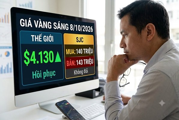 Cập nhật giá vàng sáng 8/10: Thế giới hồi phục lên $4130 sau cú giảm mạnh đêm qua – SJC giữ mốc 143 triệu